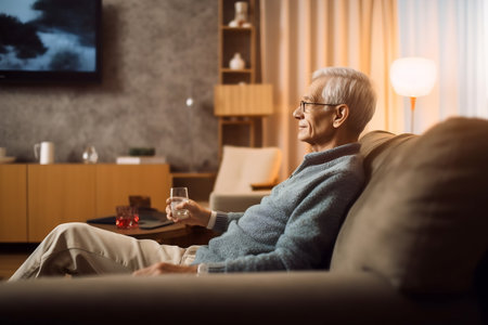 Elder man watching TV or movie on couch in Livingroom.の素材