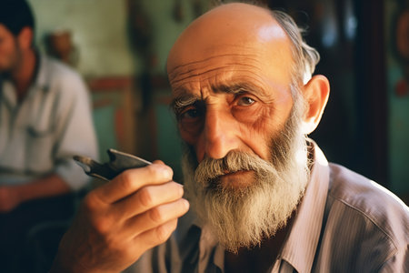 Picture of older Italian barbershop. Professional male hairstylist in salon.の素材