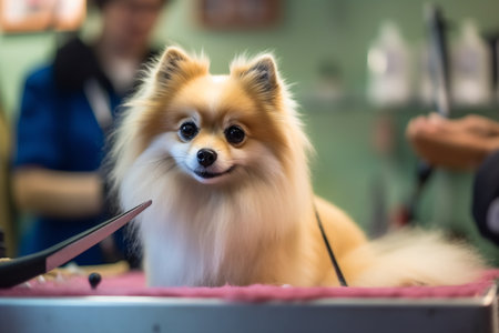 The charismatic dog gets a haircut at groomer.の素材