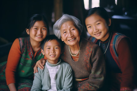 Three generation asian family gathering at home.の素材