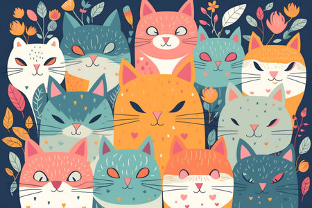 Funny cat animal crowd cartoon pattern in flat illustration style. Cute cat group background, diverse domestic cats. Wallpaper.の素材
