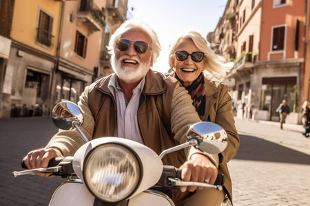 Happy mature couple riding a scooter in the city on a sunny day.の素材