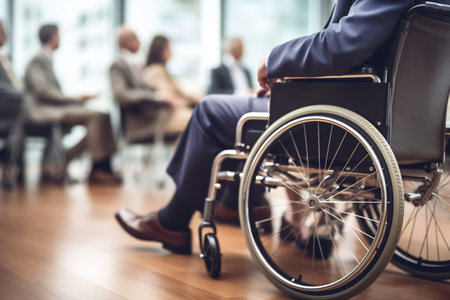 A disabled person is sitting in a wheelchair. Nearby are his colleagues.の素材