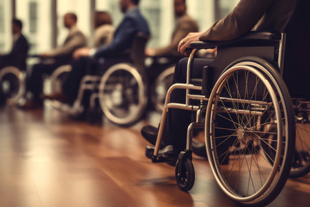 A disabled person is sitting in a wheelchair. Nearby are his colleagues.の素材