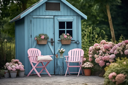Picture of cottagecore aesthetics. A wooden shed and chairs in blue and pink color palette Depiction of everyday life. Snapshot aesthetic.の素材
