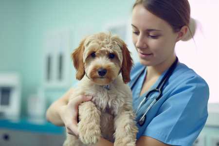 Cute patient. A vet in work uniform holding a beautiful little dog which is sitting on the table and looking at the camera at the veterinary clinic.の素材