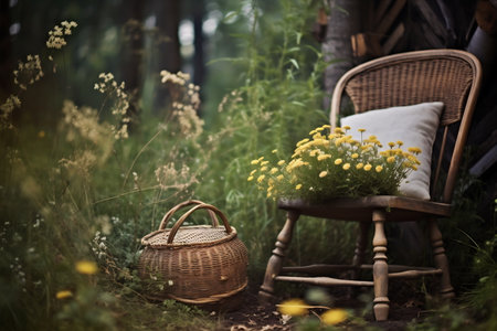 Picture of cottagecore aesthetics. A wicker chair with flowers and pots sitting on soil. Depiction of everyday life. Snapshot aesthetic.の素材