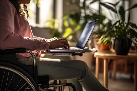 A disabled person is sitting in a wheelchair and working.の素材