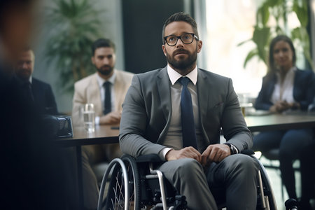 A disabled peson is sitting in a wheelchair. Nearby are his colleagues.の素材