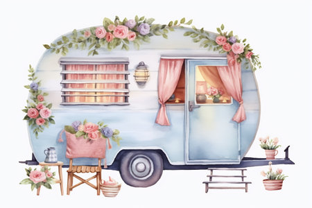 Travel Trailer Caravans with different decorations. Objects on light background.の素材