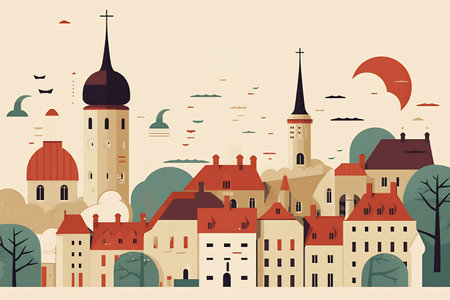 Tallinn urban landscape with cityscape silhouette . Pattern with houses. Illustration.の素材