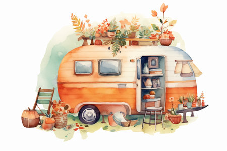 Travel Trailer Caravans with different decorations. Objects on light background.の素材