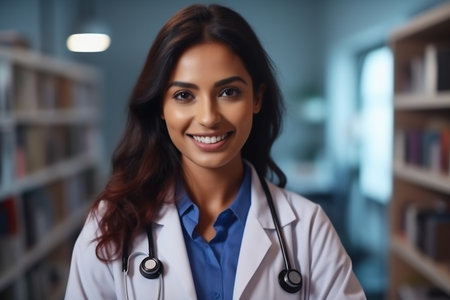 Young Indian woman wearing doctor uniform and stethoscope with a happy smile. Lucky person.の素材