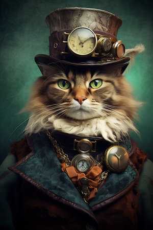 Steampunk cat with glasses. Abstract surreal illustration. Digital designer art. Cyberpunk painting.の素材
