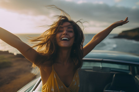 Woman looking at the ocean and waving in the air near the beach.の素材