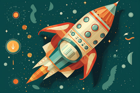 Cartoon-style minimal spaceship rocket icon. Toy rocket upswing, spewing smoke and flame.の素材