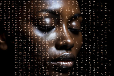 Black woman face with digital matrix numbers. Artificial intelligence. AI theme with a female human face.の素材