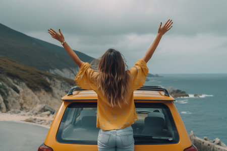 Woman looking at the ocean and waving in the air near the beach.の素材
