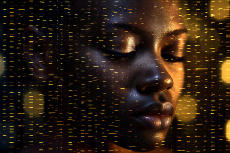 Black woman face with digital matrix numbers. Artificial intelligence. AI theme with a female human face.の素材