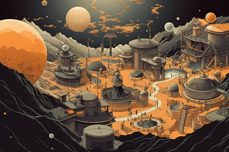 Solar system and futuristic space station. Colorful planets, galaxy and universe. Space cartoon.の素材