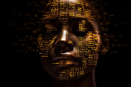 Black woman face with digital matrix numbers. Artificial intelligence. AI theme with a female human face.の素材