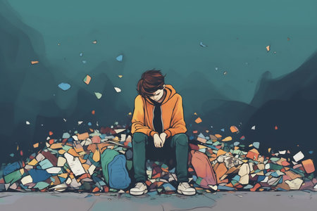 Illustration of a lonely lost person, surreal art, alone loneliness and solitude concept artwork, conceptual painting work.の素材