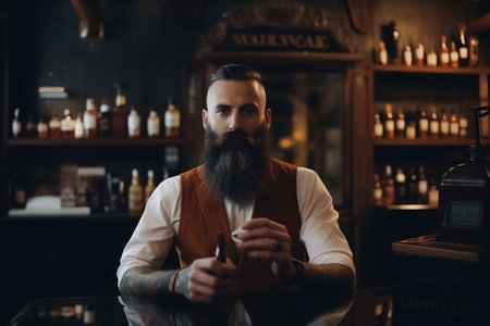 Picture of Italian barbershop. Professional male hairstylist in salon.の素材