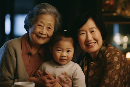 Three generation asian family gathering at home.の素材