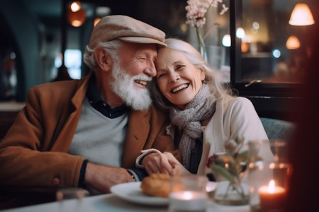 Cheerful middle age couple sitting at a cafe. Man and woman sitting at a restaurant table and smiling.の素材