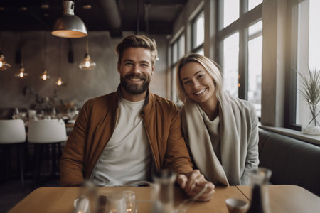 Cheerful young couple sitting at a cafe. Man and woman sitting at a restaurant table and smiling.の素材