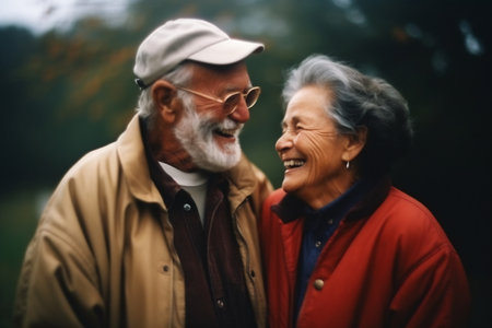 Smiling older couple hugging and kissing. Happy senior adult classy husband and wife embracing, bonding, and enjoying each other.の素材