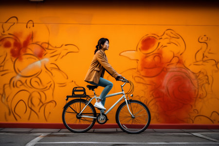 Full-length body size side profile photo of a cheerful girl riding bicycle on vibrant color background.の素材
