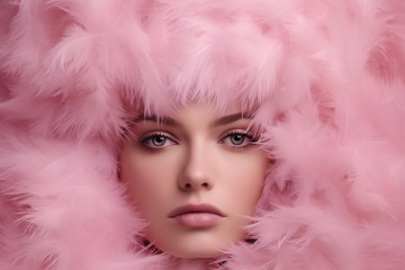 Close up fashion studio photo of an elegant woman in pink feathers.の素材