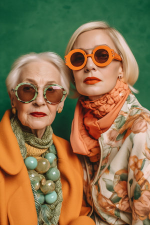 Two older women dressed in orange and green and wearing sunglasses. In the style of vibrant and textured. Candid moments captured.の素材