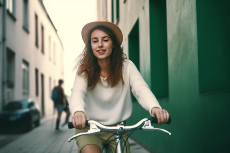 Full-length body size side profile photo of a cheerful girl riding bicycle on vibrant color background.の素材