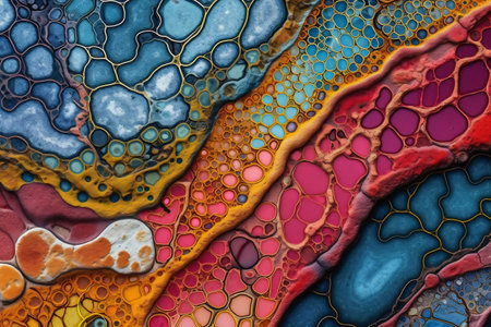 Close-up of beautiful minerals magnified to reveal the microscopic organisms and bacteria that once thrived within it. Intricate patterns and vibrant colors.の素材