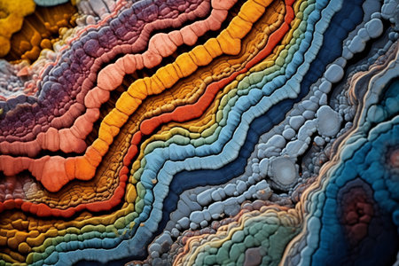 Close-up of beautiful minerals magnified to reveal the microscopic organisms and bacteria that once thrived within it. Intricate patterns and vibrant colors.の素材