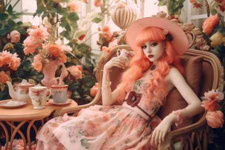 A girl in a pink dress sitting in the table.の素材