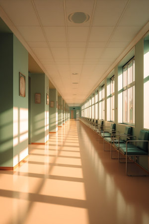 Long corridor in hospital with doors and reflections.の素材
