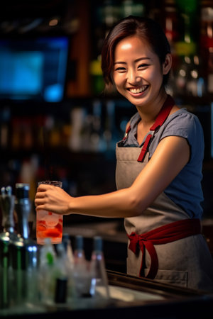 Young smiling japan bartender on the workplace. Shelves with bottles of alcohol in the background.の素材