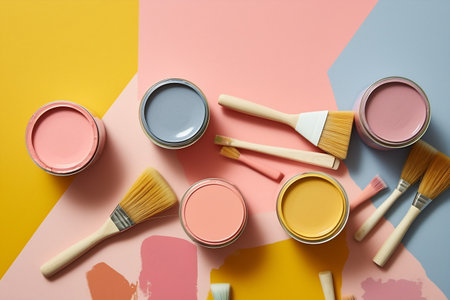 Paint cans ready to be used on pastel color palette background.の素材