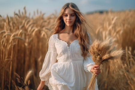 Portrait of young woman walking across golden field wearing long dress by sunset light.の素材