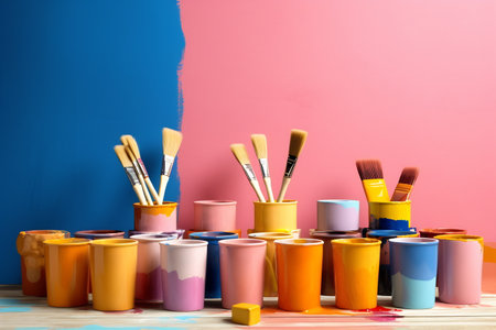 Paint cans ready to be used on pastel color palette background.の素材