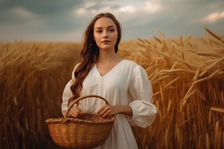 Portrait of young woman walking across golden field holding basket and wearing long dress by sunset light.の素材