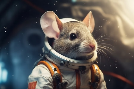 Mouse astronaut in a space suit. Mouse with black eyes, nice, sweet animal, small nose. Colorful. Photo realistic, concept art, cinematic light.の素材