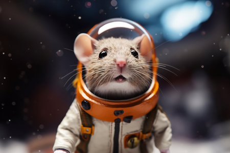 Mouse astronaut in a space suit. Mouse with black eyes, nice, sweet animal, small nose. Colorful. Photo realistic, concept art, cinematic light.の素材
