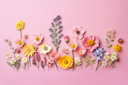 Arrangement of spring flowers against a pastel color background. Blooming concept. Flat lay.の素材