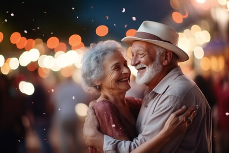 Smiling older couple hugging and kissing. Happy senior adult classy husband and wife embracing, bonding, and enjoying each other.の素材
