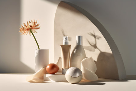 Skincare set with minimal background and shadow. Different cosmetics products are over the concrete wall with lighting and shadows. Cosmetic product presentation.の素材