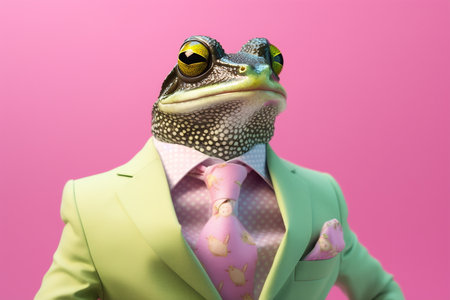 Frog in a green jacket and pink tie.の素材